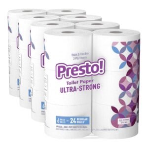 Amazon Brand – Presto! 308-Sheet Mega Roll Toilet Paper, Ultra-Strong, 6 Count (Pack of 4), 24 Count = 96 Regular Rolls