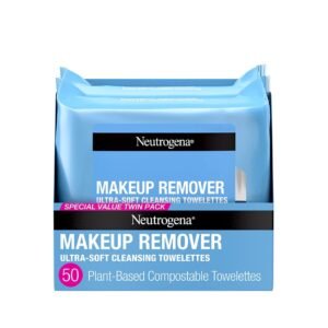 Neutrogena Cleansing Fragrance Free Makeup Remover Face Wipes, Cleansing Facial Towelettes for Waterproof Makeup, Alcohol-Free, Unscented, 100% Plant-Based Fibers, Twin Pack, 2 x 25 ct